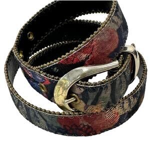 Vintage Tapestry Iridescent Beaded Belt Bonded Leather 90’s Silver Tone Buckle